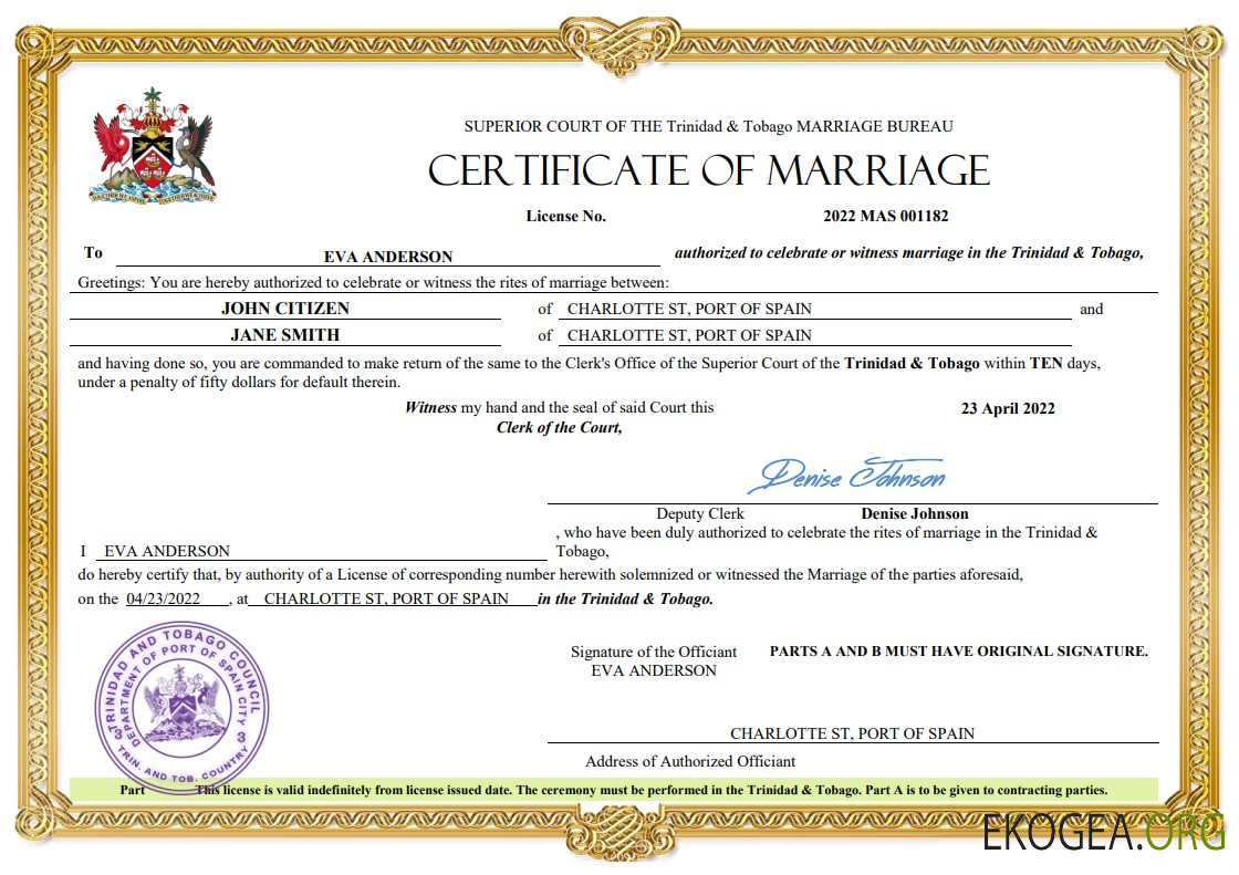 Modèle Word et PDF de certificat de mariage de Trinité et Tobago